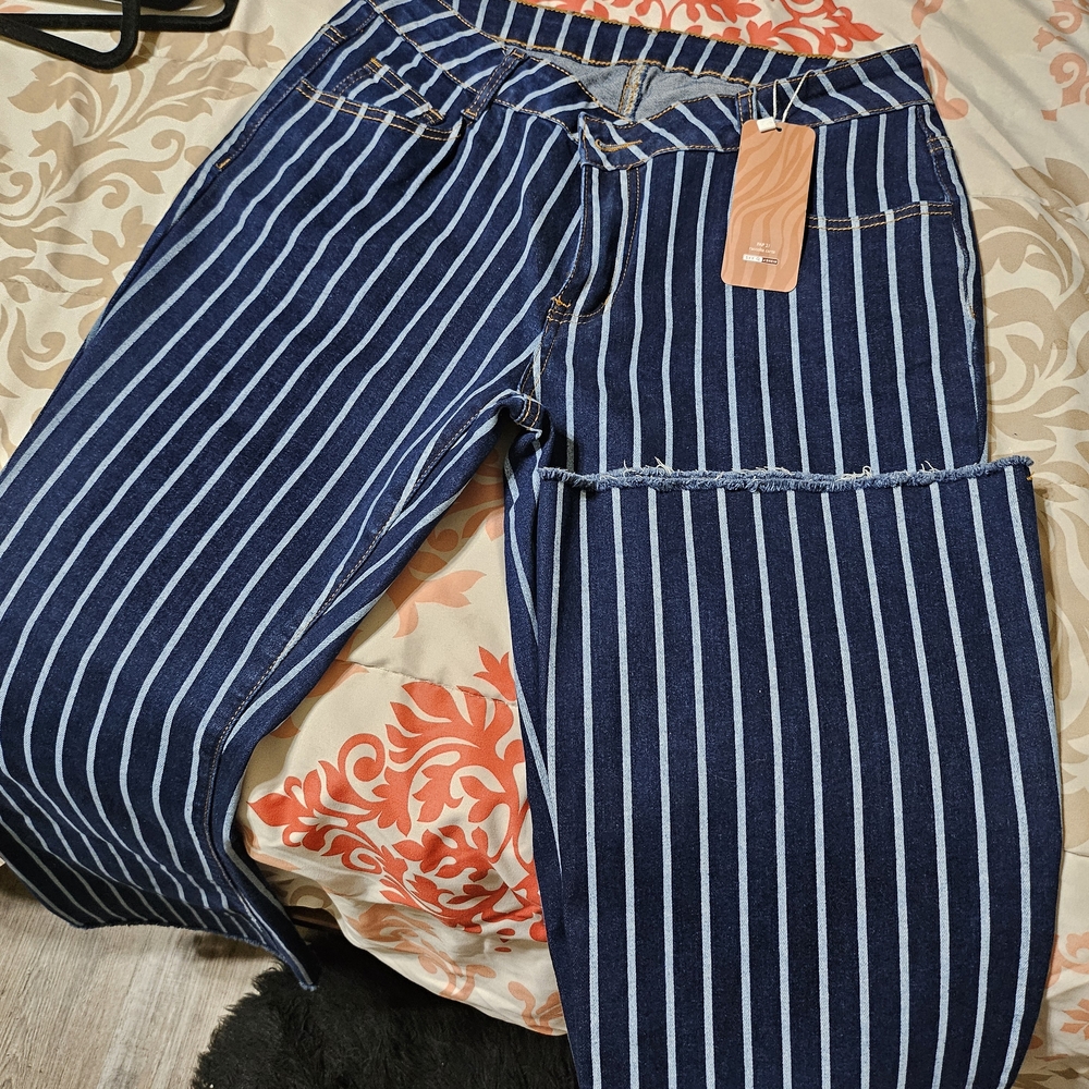 SHEIN Navy Blue & White Striped Boot Cut Jeans